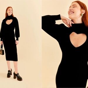 FARM RIO Black Heart Cutout Ribbed Knit Turtleneck Midi Sweater Dress Date Night